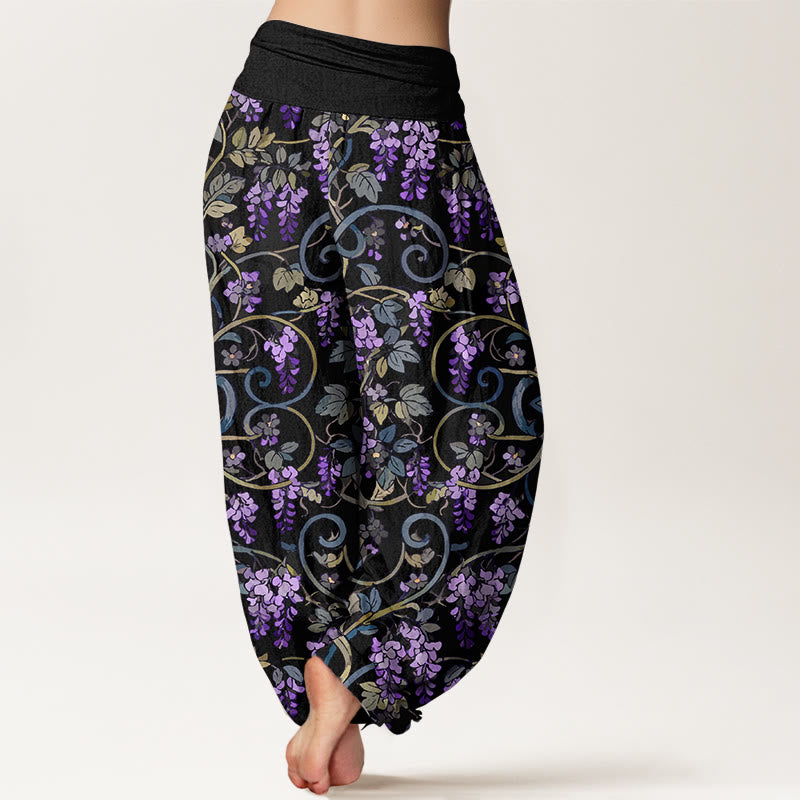 Pantaloni harem da donna con elastico in vita, stile retrò, in puro cotone, con splendidi glicini, motivo Buddha Stones - image 1