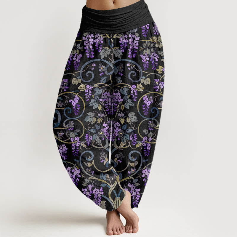 Pantaloni harem da donna con elastico in vita, stile retrò, in puro cotone, con splendidi glicini, motivo Buddha Stones - Nero - US16, UK/AU20, EU48 (3XL) - image 0