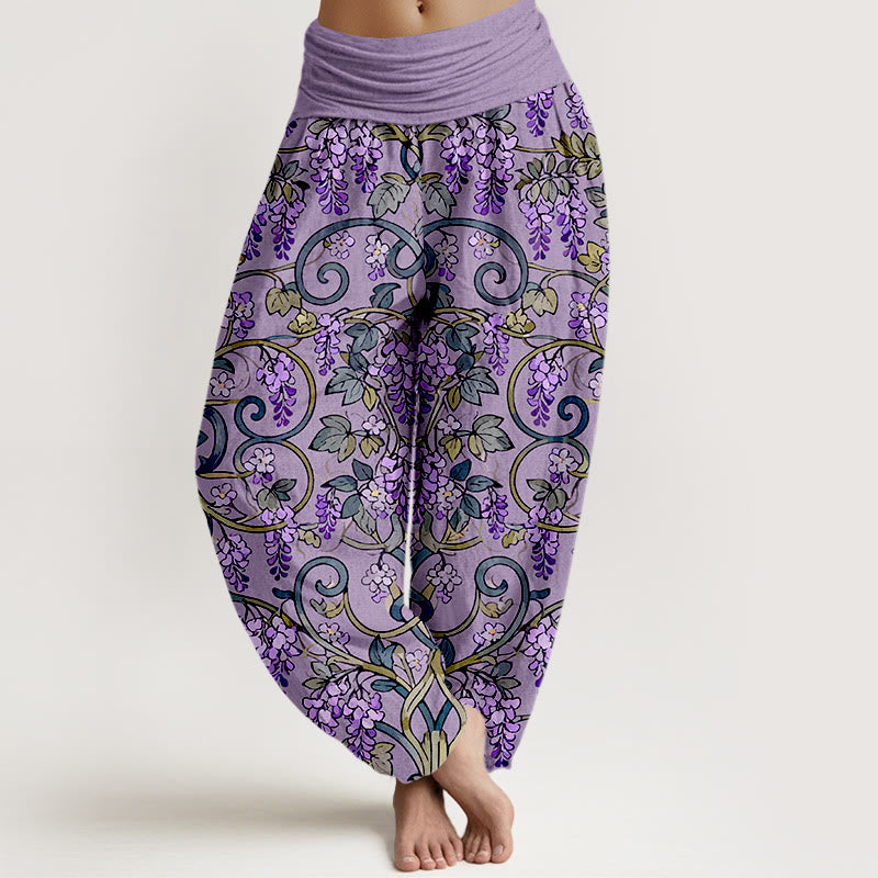 Pantaloni harem da donna con elastico in vita, stile retrò, in puro cotone, con splendidi glicini, motivo Buddha Stones - Viola medio - US16, UK/AU20, EU48 (3XL) - image 5