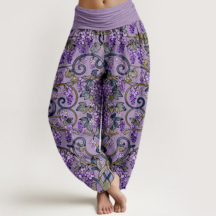 Pantaloni harem da donna con elastico in vita, stile retrò, in puro cotone, con splendidi glicini, motivo Buddha Stones - Viola medio - US16, UK/AU20, EU48 (3XL) - image 5