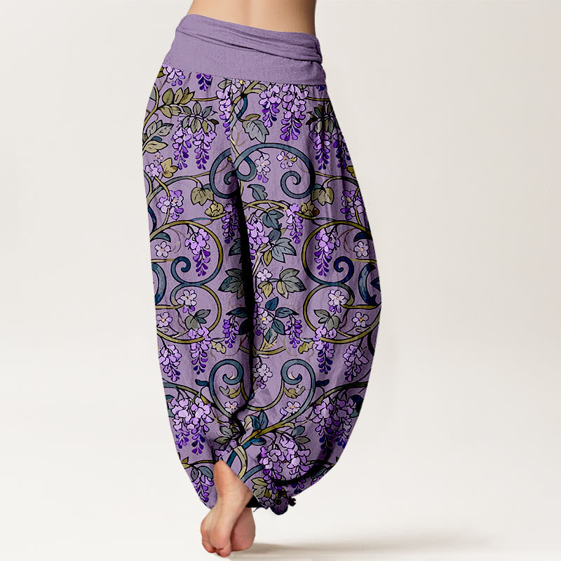 Pantaloni harem da donna con elastico in vita, stile retrò, in puro cotone, con splendidi glicini, motivo Buddha Stones - image 6