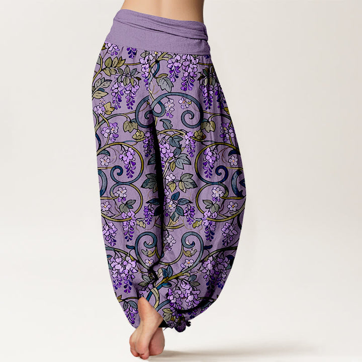 Pantaloni harem da donna con elastico in vita, stile retrò, in puro cotone, con splendidi glicini, motivo Buddha Stones - image 6