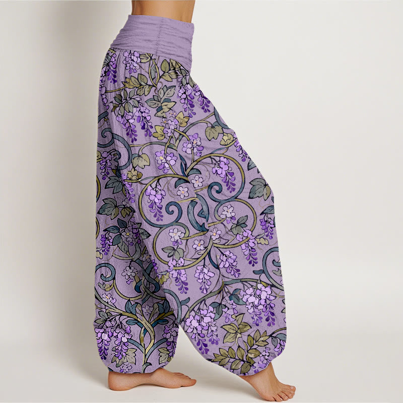 Pantaloni harem da donna con elastico in vita, stile retrò, in puro cotone, con splendidi glicini, motivo Buddha Stones - image 7