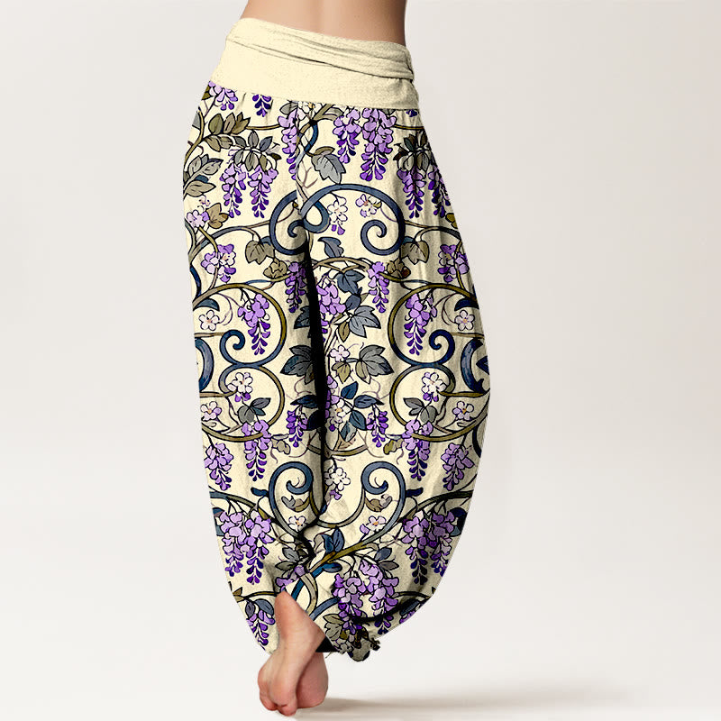 Pantaloni harem da donna con elastico in vita, stile retrò, in puro cotone, con splendidi glicini, motivo Buddha Stones - image 9