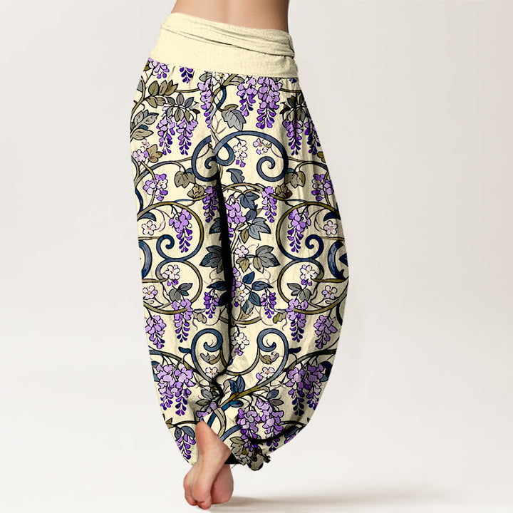 Pantaloni harem da donna con elastico in vita, stile retrò, in puro cotone, con splendidi glicini, motivo Buddha Stones - image 9
