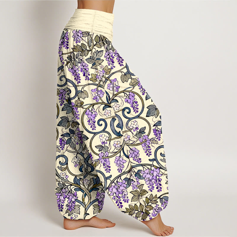Pantaloni harem da donna con elastico in vita, stile retrò, in puro cotone, con splendidi glicini, motivo Buddha Stones - image 10