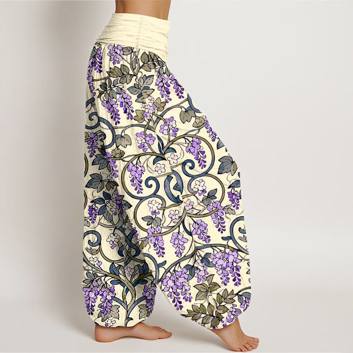 Pantaloni harem da donna con elastico in vita, stile retrò, in puro cotone, con splendidi glicini, motivo Buddha Stones - image 10