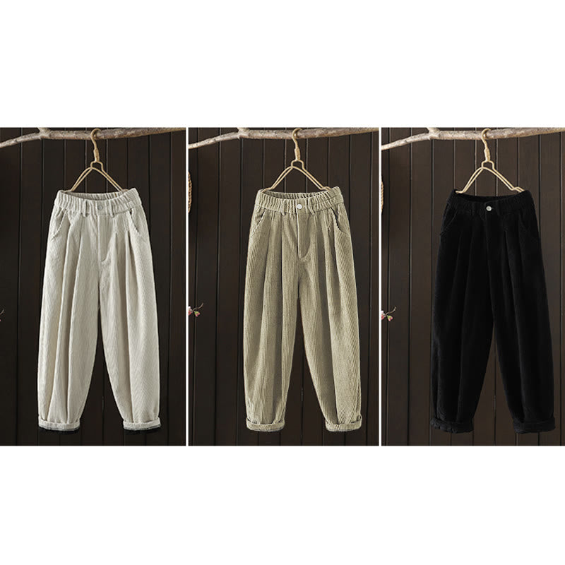 Pantaloni harem invernali da donna in velluto a coste di cotone con vita alta e fodera in pile, con tasche , Buddha Stones - image 24