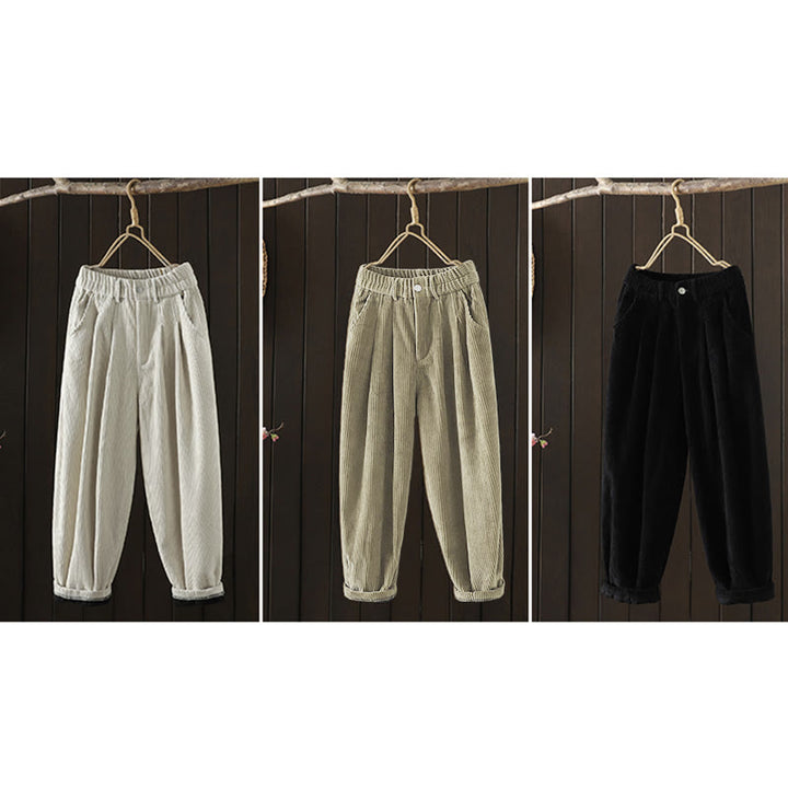 Pantaloni harem invernali da donna in velluto a coste di cotone con vita alta e fodera in pile, con tasche , Buddha Stones - image 24