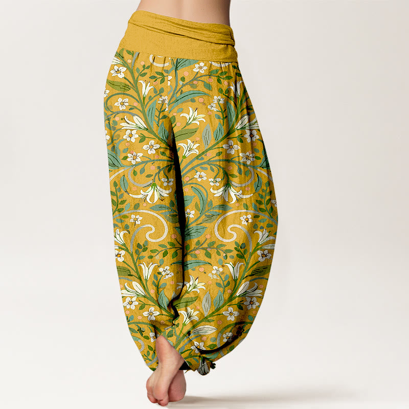 Pantaloni harem da donna con elastico in vita, in puro cotone, con motivo a foglie di giglio e petali, modello Buddha Stones - image 1