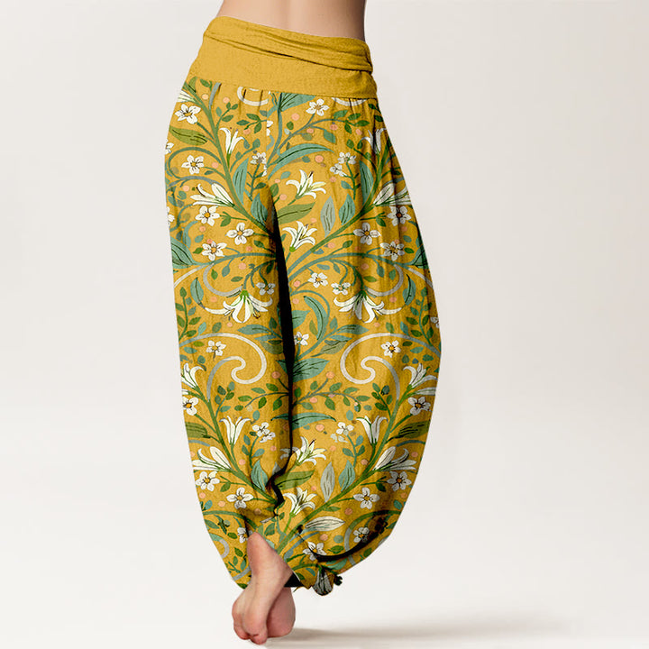 Pantaloni harem da donna con elastico in vita, in puro cotone, con motivo a foglie di giglio e petali, modello Buddha Stones - image 1
