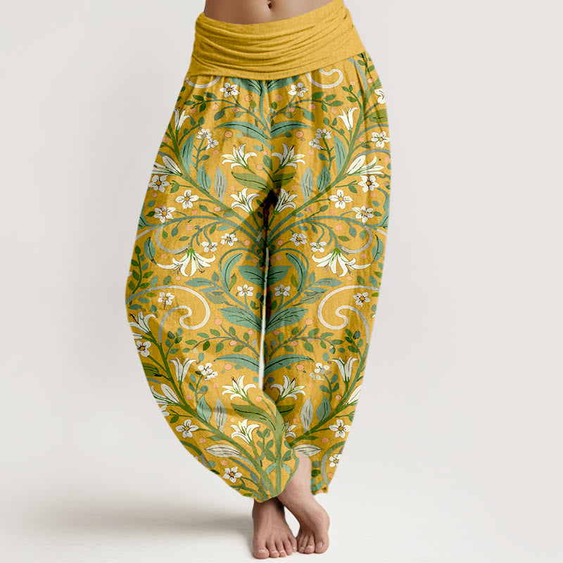 Pantaloni harem da donna con elastico in vita, in puro cotone, con motivo a foglie di giglio e petali, modello Buddha Stones - Oro - US16, UK/AU20, EU48 (3XL) - image 0