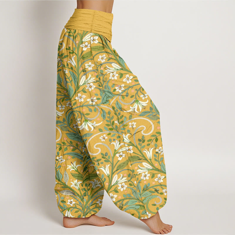 Pantaloni harem da donna con elastico in vita, in puro cotone, con motivo a foglie di giglio e petali, modello Buddha Stones - image 2