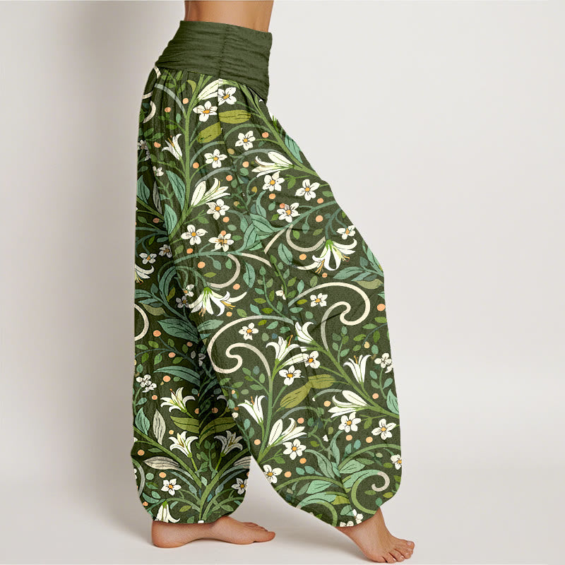 Pantaloni harem da donna con elastico in vita, in puro cotone, con motivo a foglie di giglio e petali, modello Buddha Stones - image 7