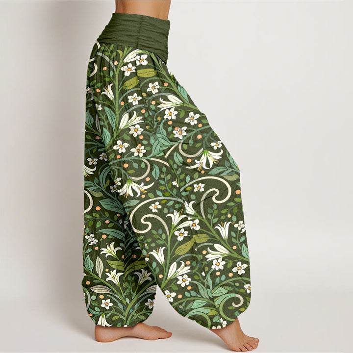 Pantaloni harem da donna con elastico in vita, in puro cotone, con motivo a foglie di giglio e petali, modello Buddha Stones - image 7