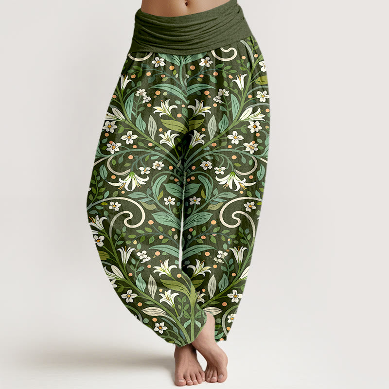 Pantaloni harem da donna con elastico in vita, in puro cotone, con motivo a foglie di giglio e petali, modello Buddha Stones - Verde oliva scuro - US16, UK/AU20, EU48 (3XL) - image 5