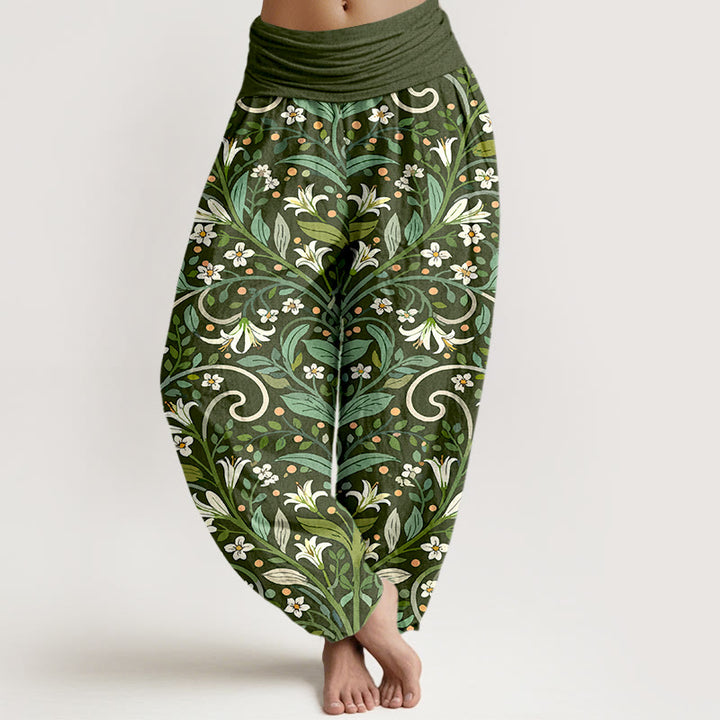 Pantaloni harem da donna con elastico in vita, in puro cotone, con motivo a foglie di giglio e petali, modello Buddha Stones - Verde oliva scuro - US16, UK/AU20, EU48 (3XL) - image 5
