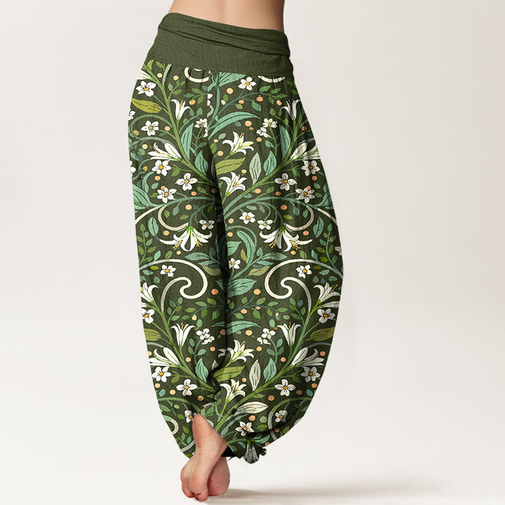 Pantaloni harem da donna con elastico in vita, in puro cotone, con motivo a foglie di giglio e petali, modello Buddha Stones - image 6