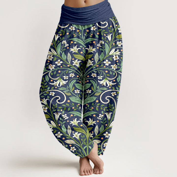 Pantaloni harem da donna con elastico in vita, in puro cotone, con motivo a foglie di giglio e petali, modello Buddha Stones - Marina - US16, UK/AU20, EU48 (3XL) - image 8