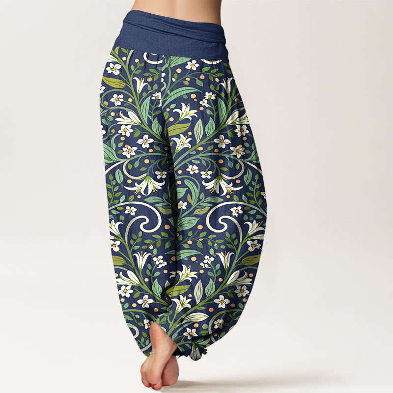 Pantaloni harem da donna con elastico in vita, in puro cotone, con motivo a foglie di giglio e petali, modello Buddha Stones - image 9