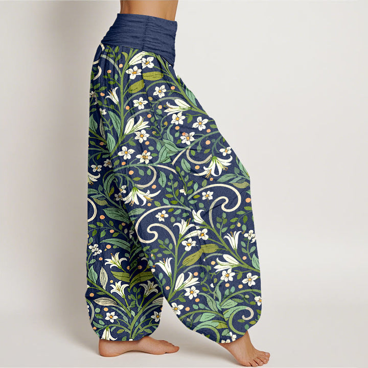 Pantaloni harem da donna con elastico in vita, in puro cotone, con motivo a foglie di giglio e petali, modello Buddha Stones - image 10