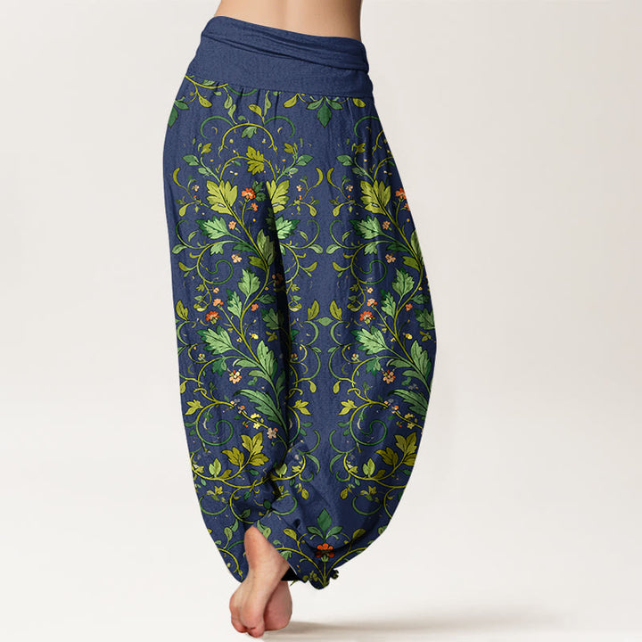 Pantaloni harem da donna con elastico in vita, in puro cotone, con motivo a foglie simmetriche classiche, motivo Buddha Stones - image 1