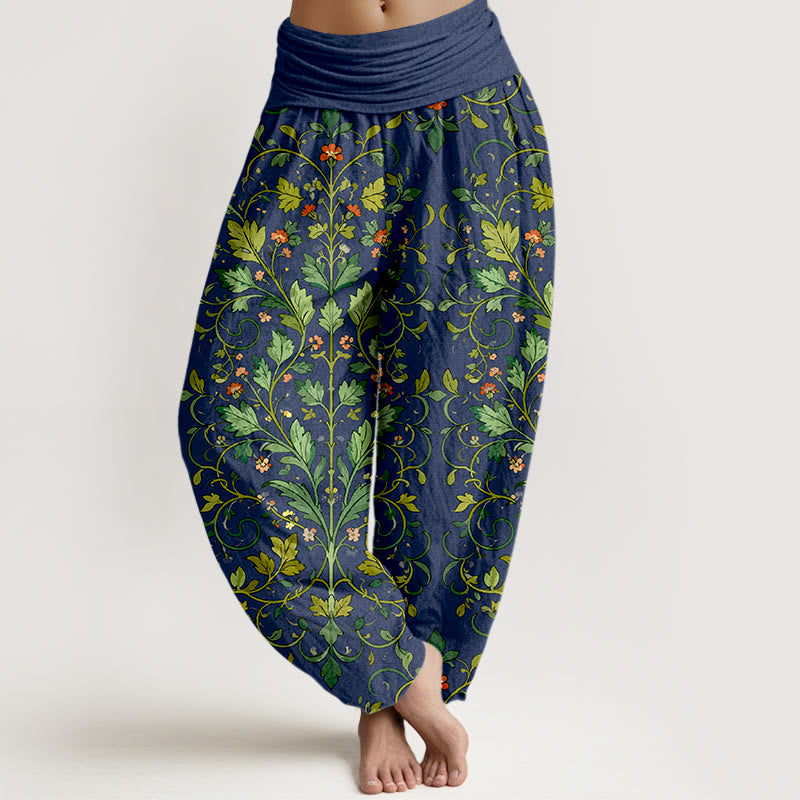 Pantaloni harem da donna con elastico in vita, in puro cotone, con motivo a foglie simmetriche classiche, motivo Buddha Stones - Marina - US16, UK/AU20, EU48 (3XL) - image 0