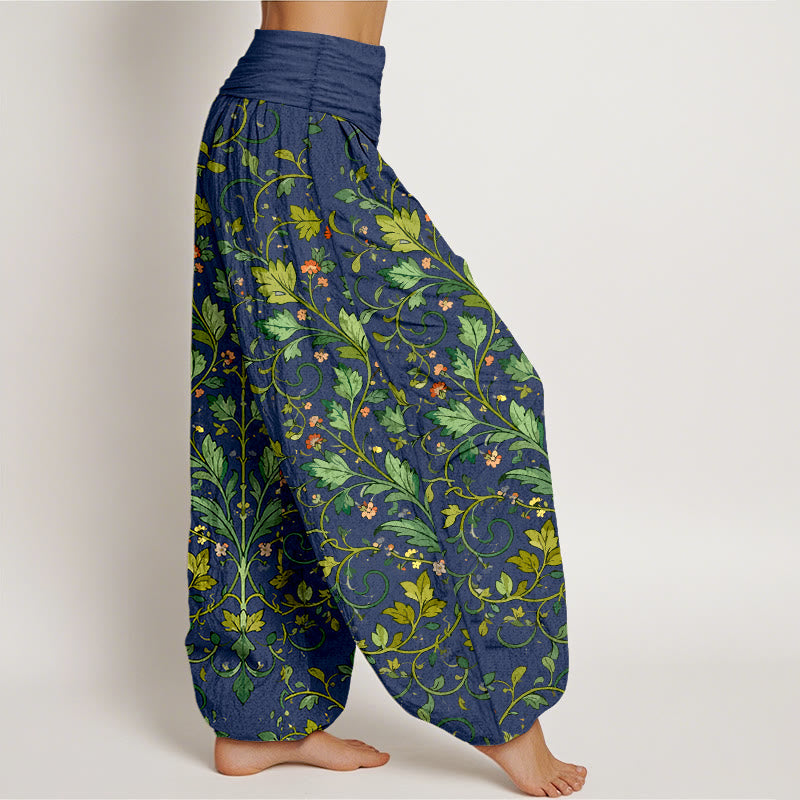 Pantaloni harem da donna con elastico in vita, in puro cotone, con motivo a foglie simmetriche classiche, motivo Buddha Stones - image 2