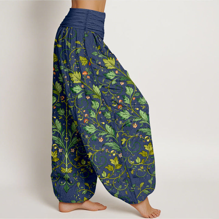 Pantaloni harem da donna con elastico in vita, in puro cotone, con motivo a foglie simmetriche classiche, motivo Buddha Stones - image 2