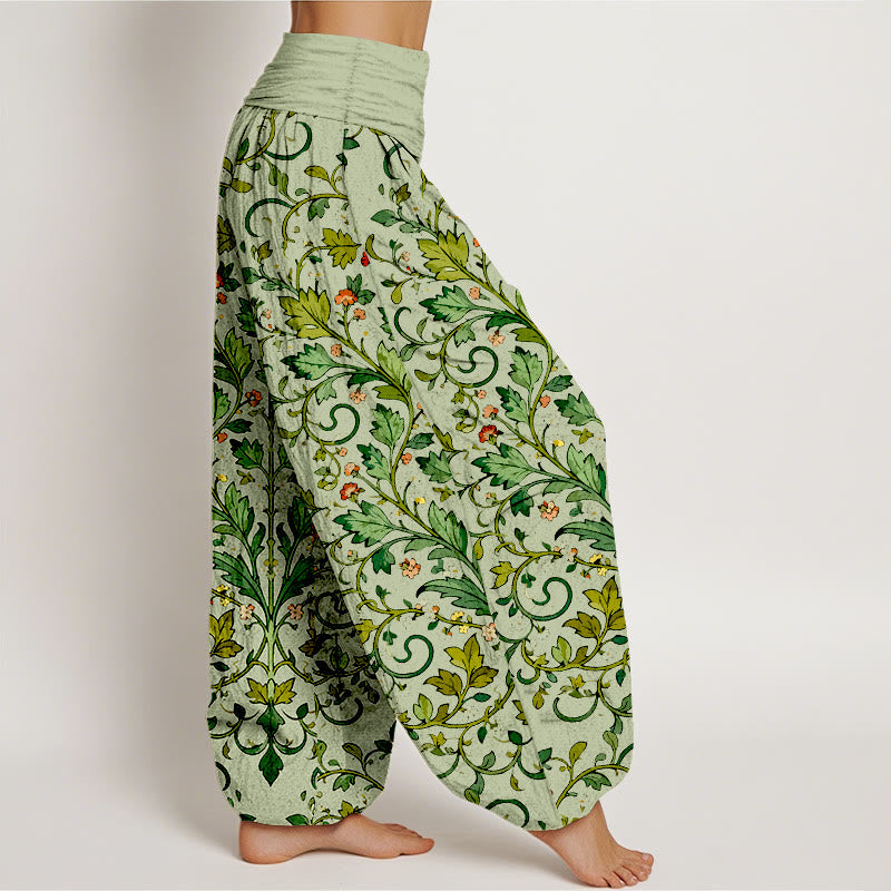Pantaloni harem da donna con elastico in vita, in puro cotone, con motivo a foglie simmetriche classiche, motivo Buddha Stones - image 7