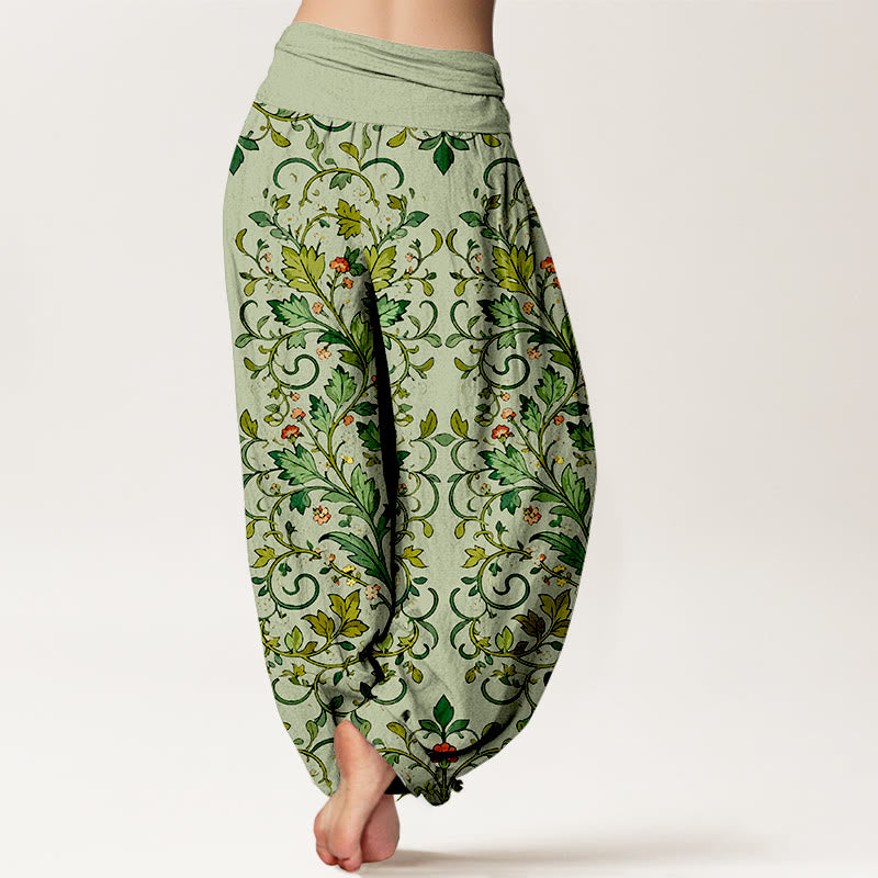 Pantaloni harem da donna con elastico in vita, in puro cotone, con motivo a foglie simmetriche classiche, motivo Buddha Stones - image 6