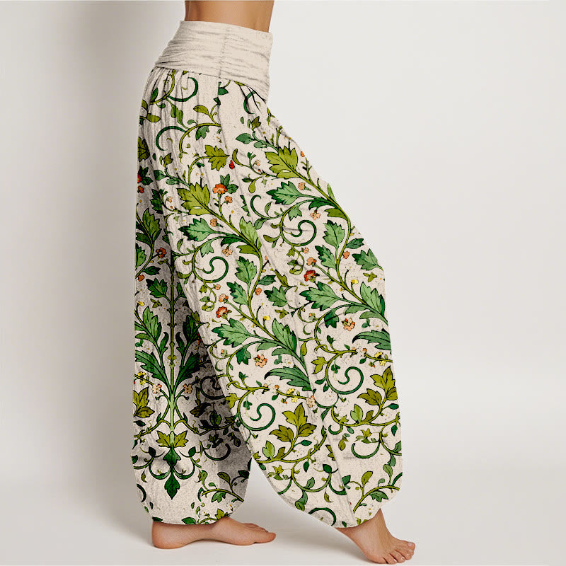 Pantaloni harem da donna con elastico in vita, in puro cotone, con motivo a foglie simmetriche classiche, motivo Buddha Stones - image 10