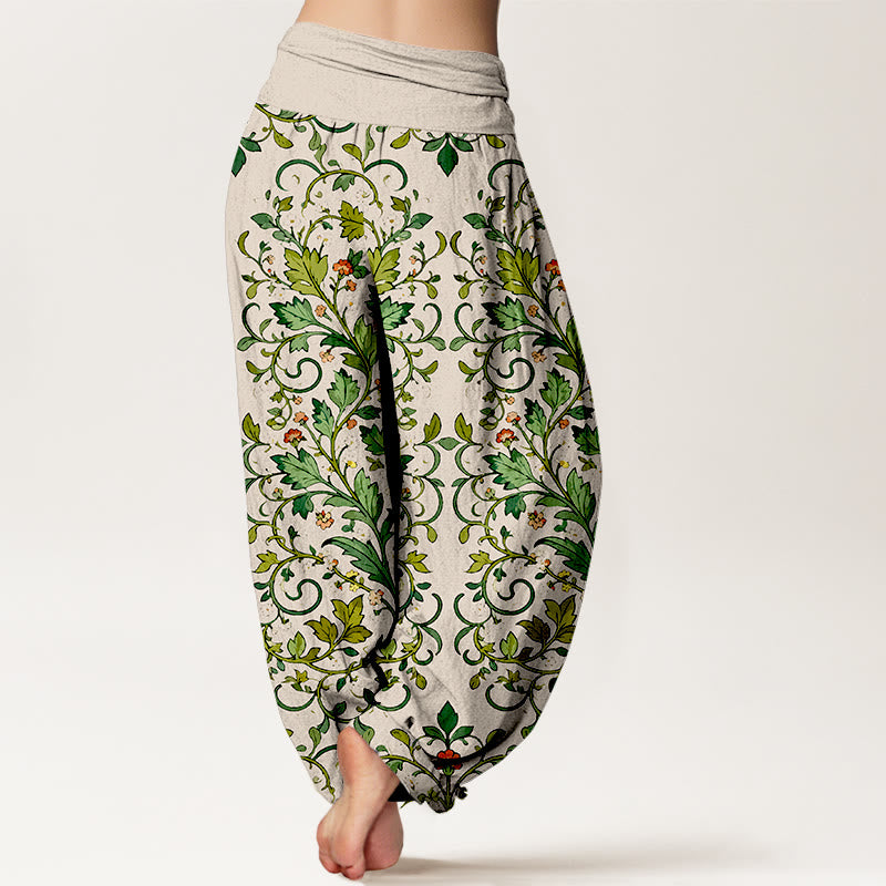 Pantaloni harem da donna con elastico in vita, in puro cotone, con motivo a foglie simmetriche classiche, motivo Buddha Stones - image 9