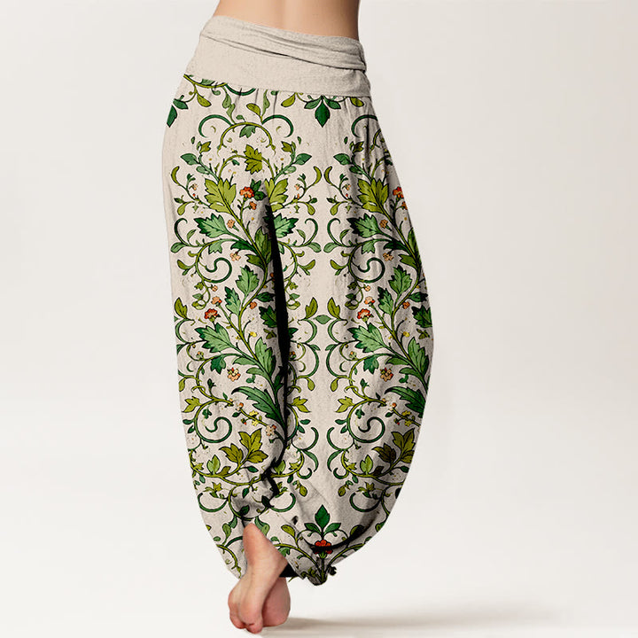 Pantaloni harem da donna con elastico in vita, in puro cotone, con motivo a foglie simmetriche classiche, motivo Buddha Stones - image 9