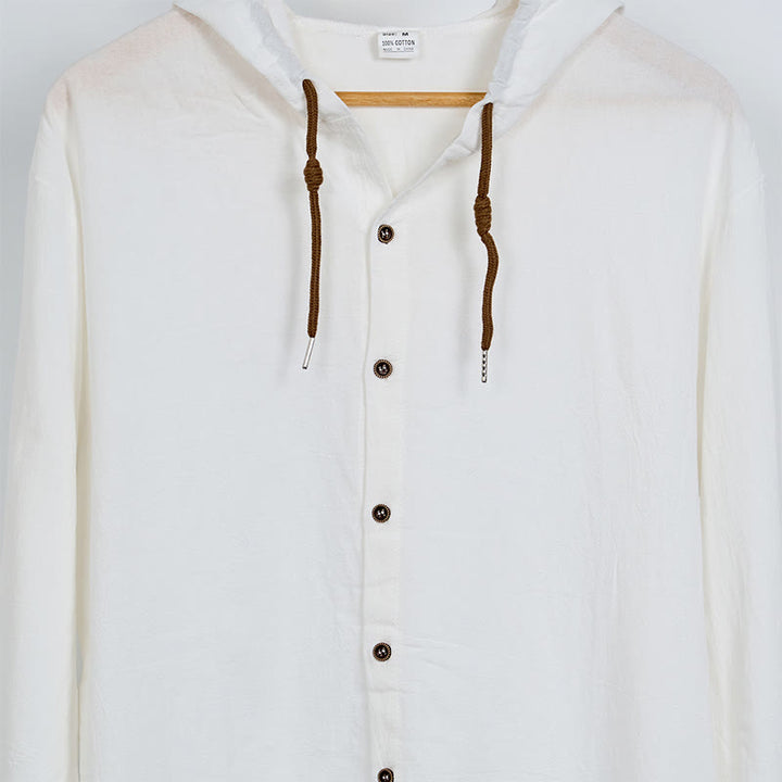 Camicia da uomo a maniche lunghe con cappuccio, coulisse e bottoni, tinta unita, con stampa Buddha Stones. - image 7