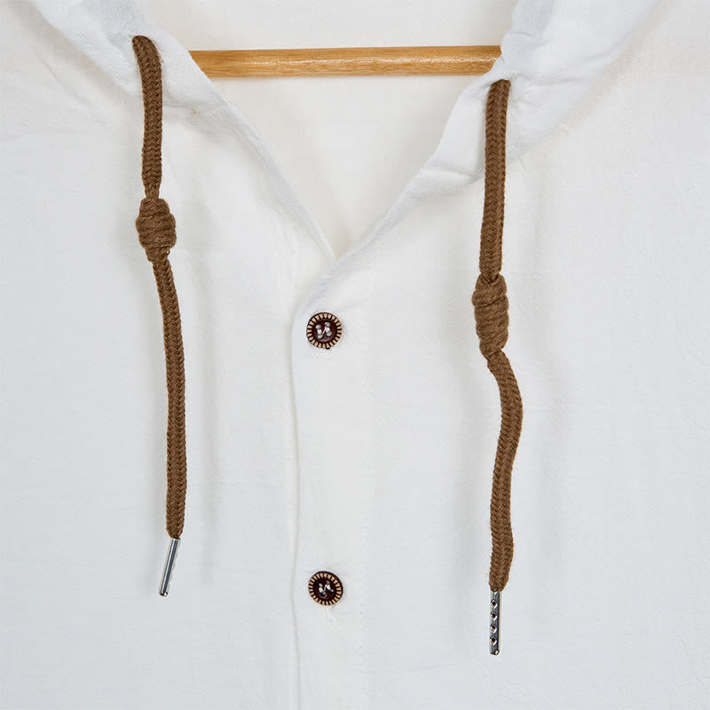 Camicia da uomo in lino con cappuccio, coulisse, bottoni, manica lunga, tinta unita, motivo Buddha Stones - image 6