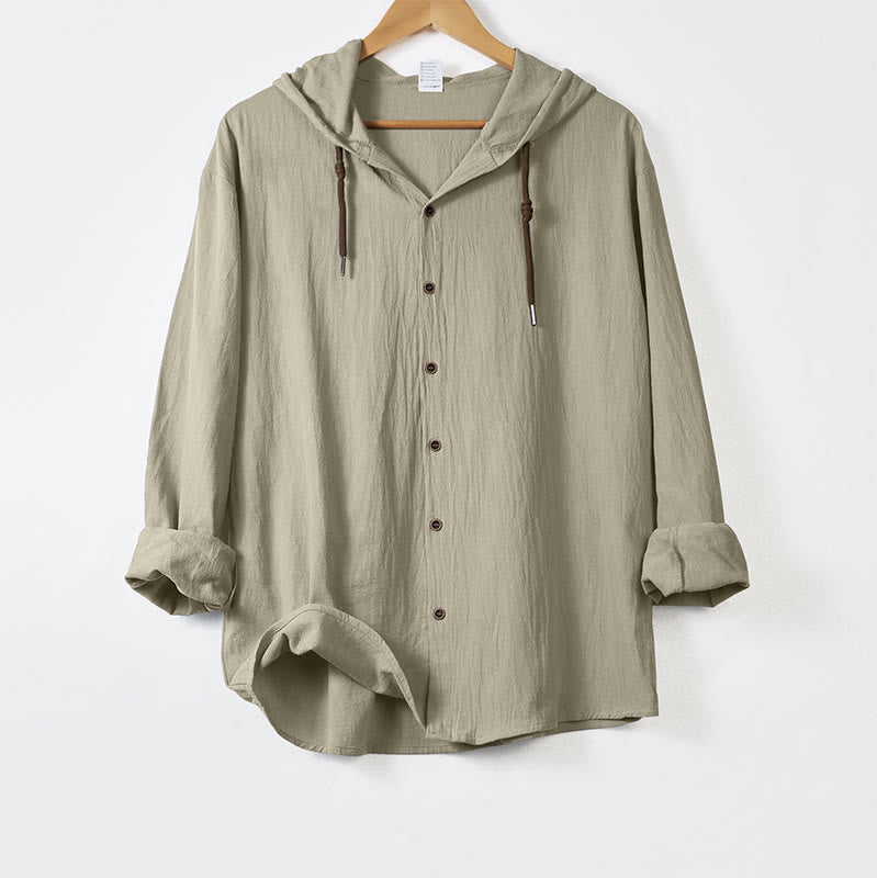 Camicia da uomo a maniche lunghe con cappuccio, coulisse e bottoni, tinta unita, con stampa Buddha Stones. - Beige - US/UK/AU44，EU54 (3XL) - image 15