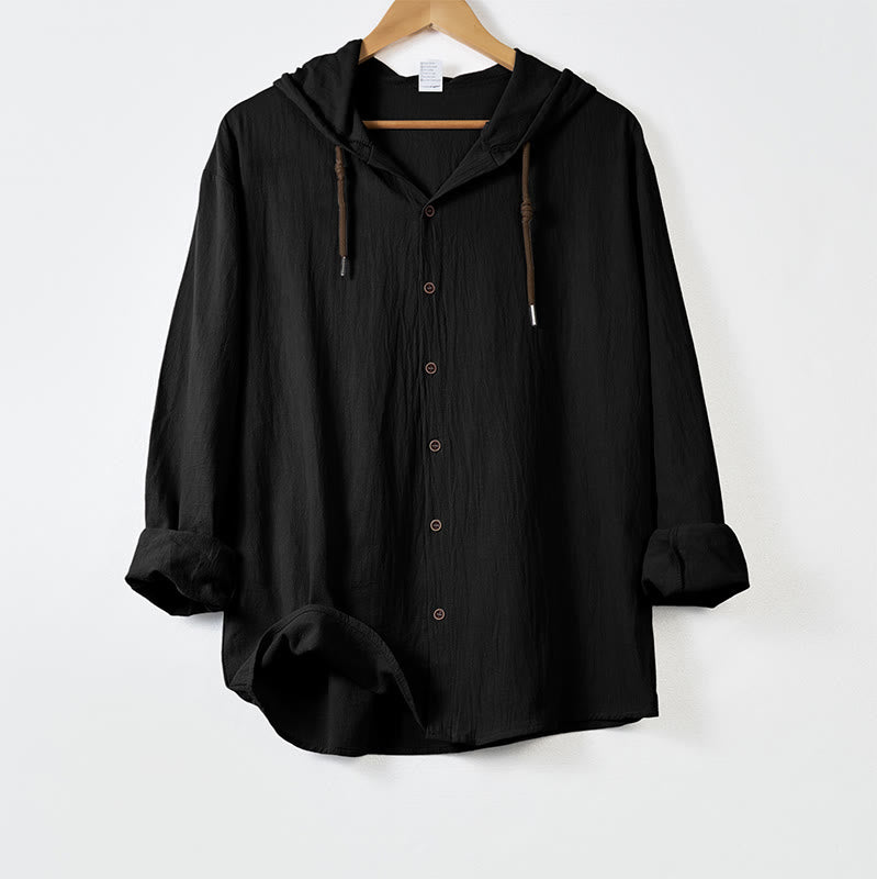 Camicia da uomo a maniche lunghe con cappuccio, coulisse e bottoni, tinta unita, con stampa Buddha Stones. - Nero - US/UK/AU44，EU54 (3XL) - image 9