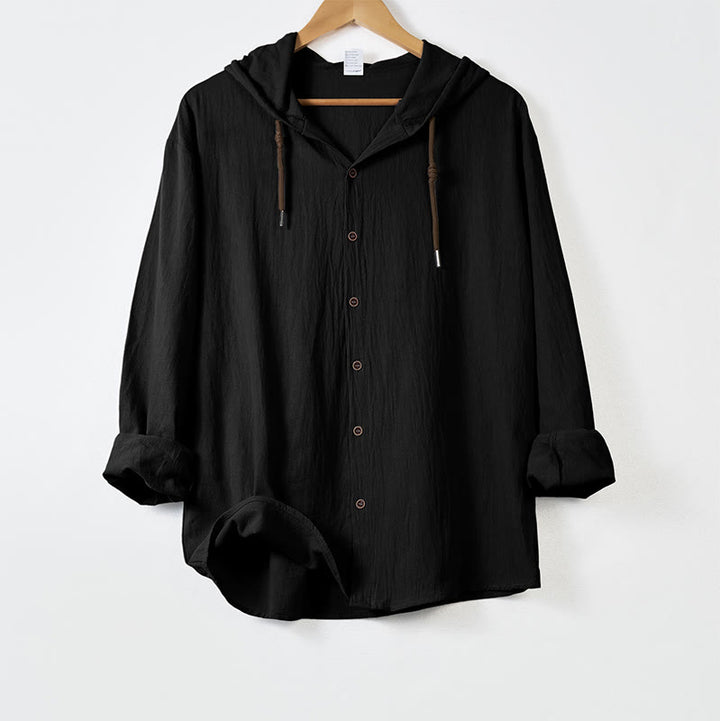 Camicia da uomo a maniche lunghe con cappuccio, coulisse e bottoni, tinta unita, con stampa Buddha Stones. - Nero - US/UK/AU44，EU54 (3XL) - image 9