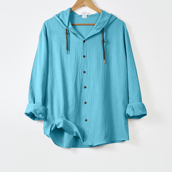 Camicia da uomo a maniche lunghe con cappuccio, coulisse e bottoni, tinta unita, con stampa Buddha Stones. - Azzurro cielo chiaro - US/UK/AU44，EU54 (3XL) - image 14