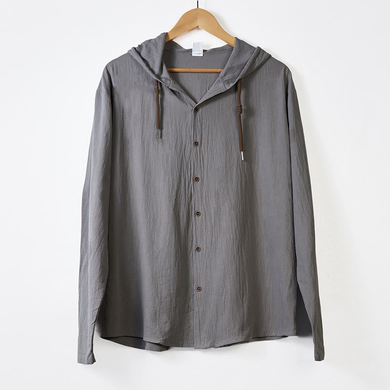 Camicia da uomo a maniche lunghe con cappuccio, coulisse e bottoni, tinta unita, con stampa Buddha Stones. - image 11