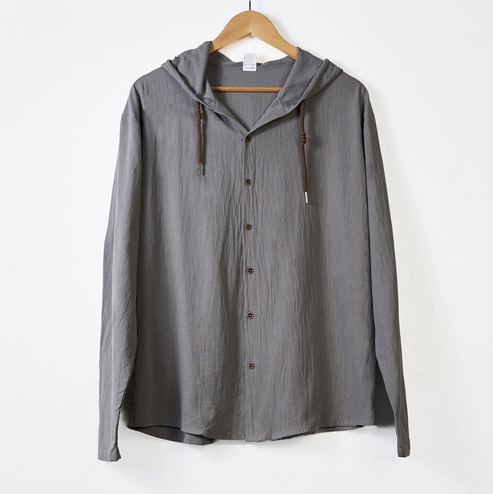 Camicia da uomo a maniche lunghe con cappuccio, coulisse e bottoni, tinta unita, con stampa Buddha Stones. - image 11