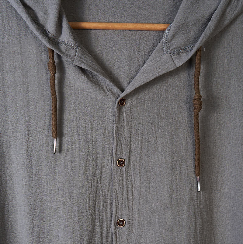 Camicia da uomo a maniche lunghe con cappuccio, coulisse e bottoni, tinta unita, con stampa Buddha Stones. - image 13