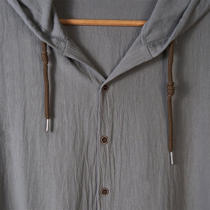 Camicia da uomo in lino con cappuccio, coulisse, bottoni, manica lunga, tinta unita, motivo Buddha Stones - image 13