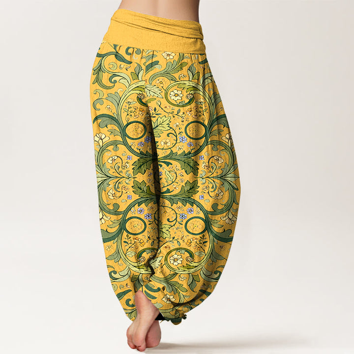 Pantaloni harem da donna con elastico in vita, motivo a foglie e fiori in puro cotone a strati, motivo Buddha Stones - image 1