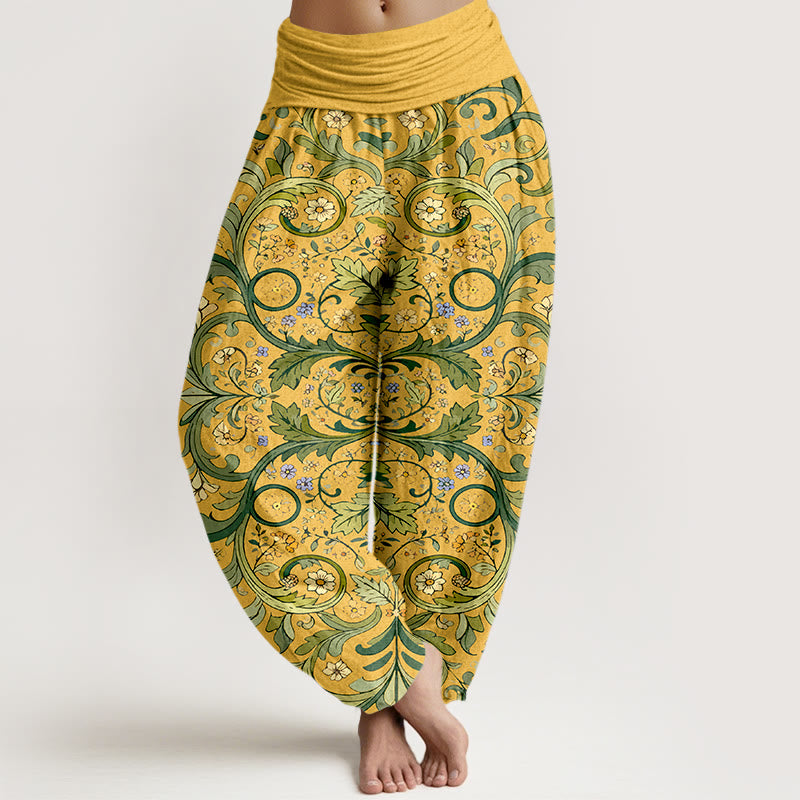 Pantaloni harem da donna con elastico in vita, motivo a foglie e fiori in puro cotone a strati, motivo Buddha Stones - Oro - US16, UK/AU20, EU48 (3XL) - image 0