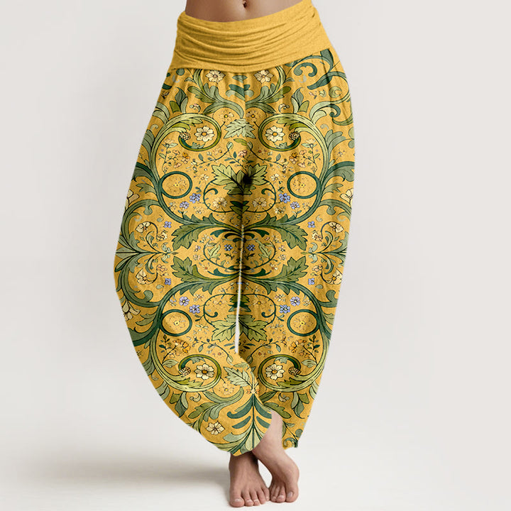 Pantaloni harem da donna con elastico in vita, motivo a foglie e fiori in puro cotone a strati, motivo Buddha Stones - Oro - US16, UK/AU20, EU48 (3XL) - image 0