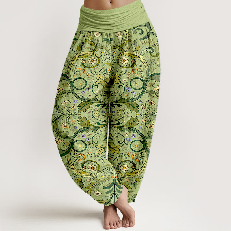 Pantaloni harem da donna con elastico in vita, motivo a foglie e fiori in puro cotone a strati, motivo Buddha Stones - GialloVerde - US16, UK/AU20, EU48 (3XL) - image 5