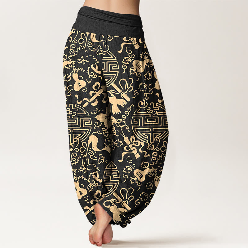 Pantaloni harem da donna con elastico in vita, in puro cotone, con motivo cinese a zucca Buddha Stones - image 1