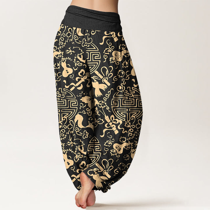 Pantaloni harem da donna con elastico in vita, in puro cotone, con motivo cinese a zucca Buddha Stones - image 1